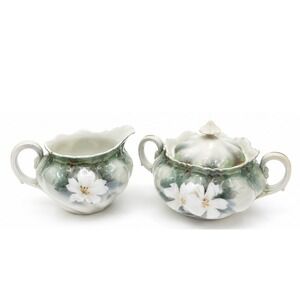 RS Germany Antique Porcelain Cream and Sugar Set White Floral Green Scalloped